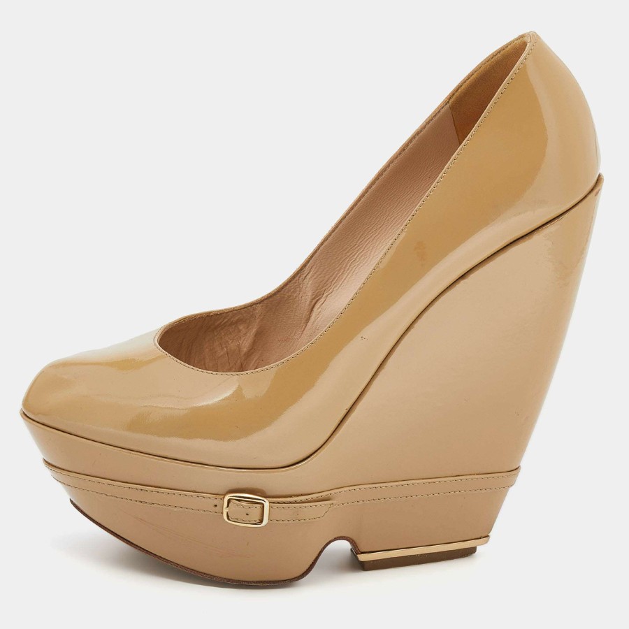 Women'S Shoes * | Nicholas Kirkwood Patent Leather Wedge Platform Pumps Size 38.5 For Women Beige