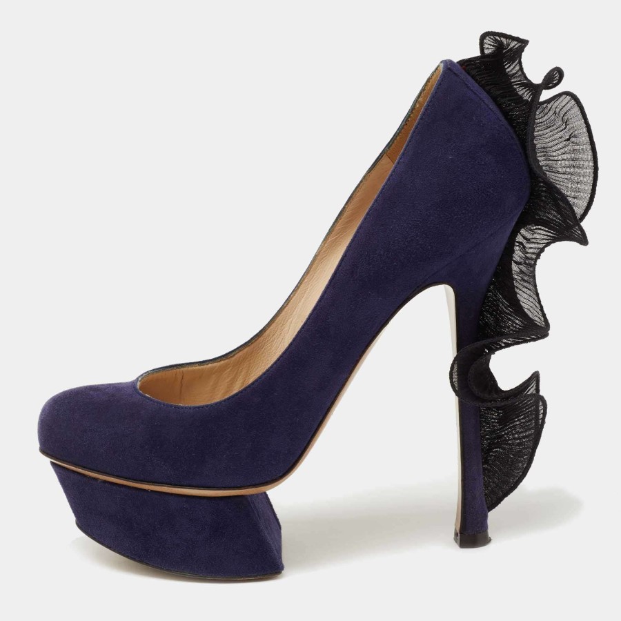 Women'S Shoes * | Nicholas Kirkwood Suede Ruffle Trimmed Platform Pumps Size 35.5 For Women Blue