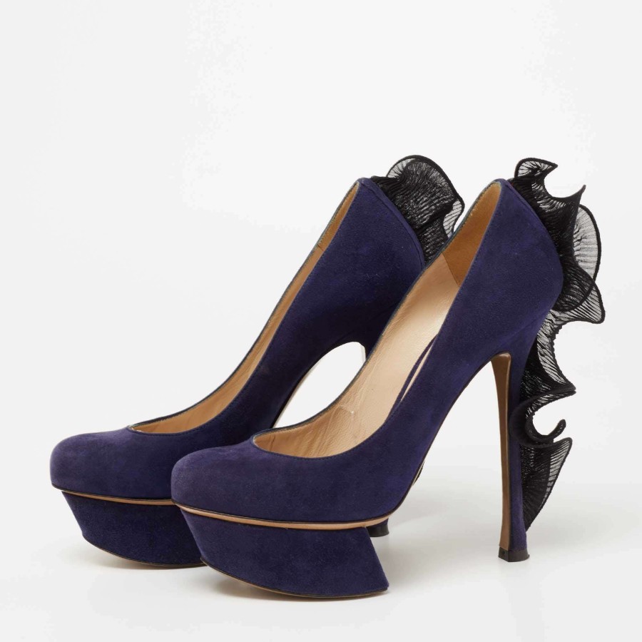 Women'S Shoes * | Nicholas Kirkwood Suede Ruffle Trimmed Platform Pumps Size 35.5 For Women Blue