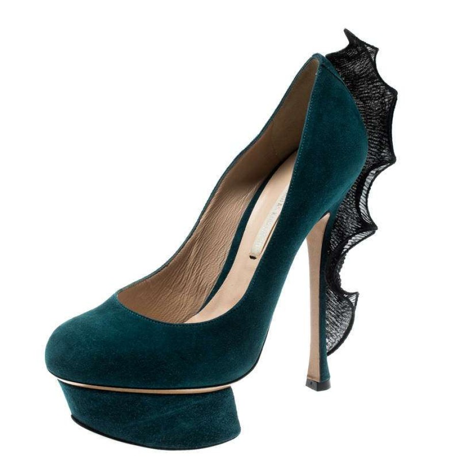 Women'S Shoes * | Nicholas Kirkwood Suede Ruffle Trimmed Platform Pumps Size 36.5 For Women Blue