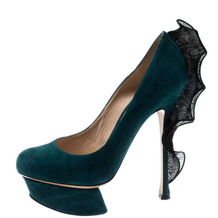 Women'S Shoes * | Nicholas Kirkwood Suede Ruffle Trimmed Platform Pumps Size 36.5 For Women Blue