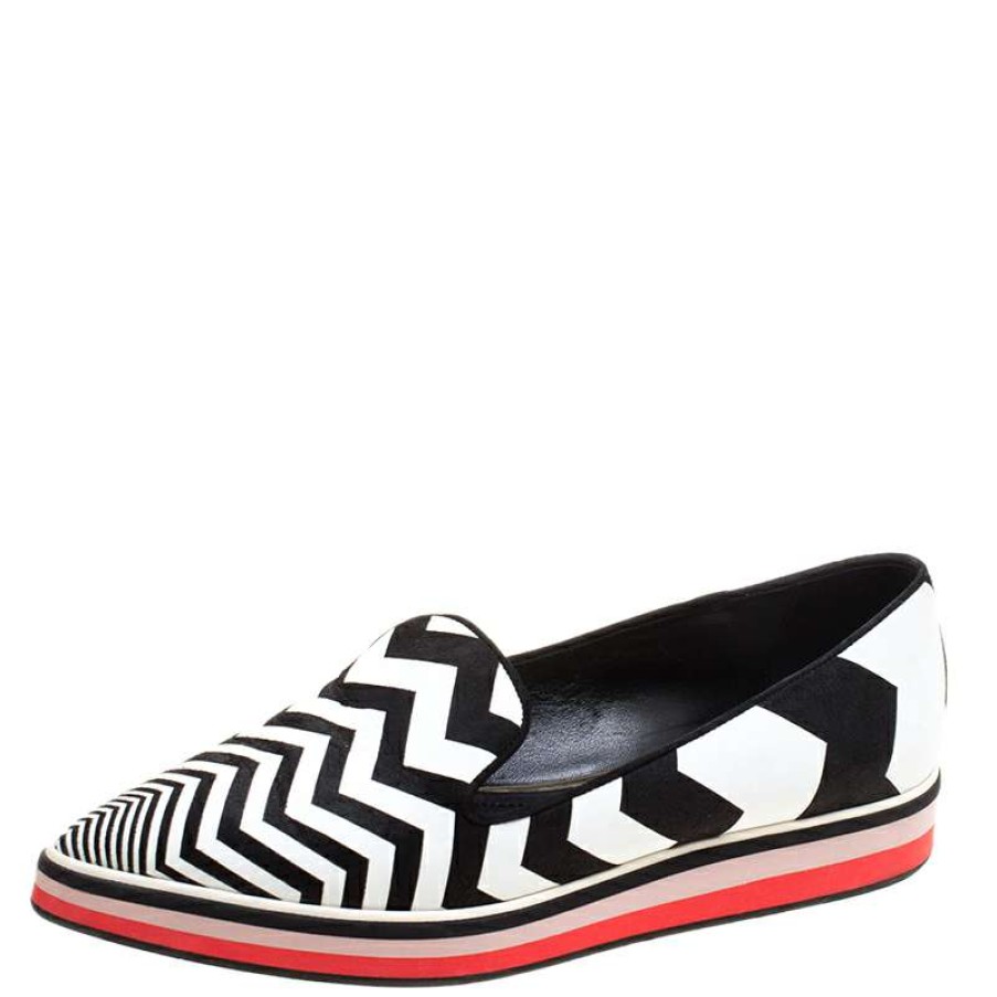 Women'S Shoes * | Nicholas Kirkwood Black/ Zig Zag Print Leather Slip On Sneakers Size 37 For Women White