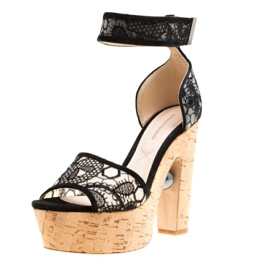 Women'S Shoes * | Nicholas Kirkwood Lace Maya Pearl Platform Ankle Strap Sandals Size 38 For Women Black