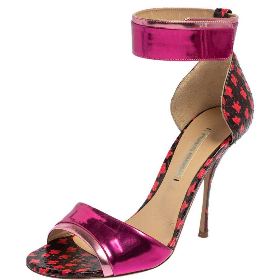 Women'S Shoes * | Nicholas Kirkwood Patent And Snakeskin Leather Ankle Strap Sandals Size 37 For Women Pink