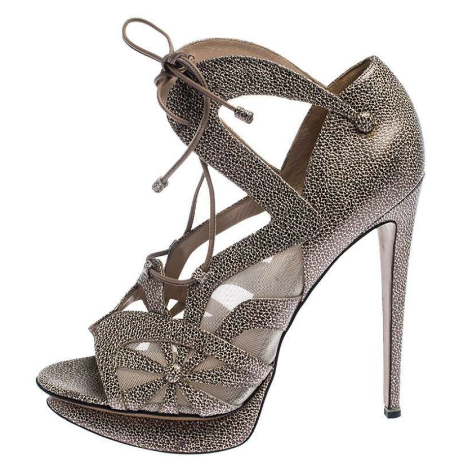 Women'S Shoes * | Nicholas Kirkwood /Beige Textured Leather And Mesh Lace Up Platform Sandals Size 39 For Women Black