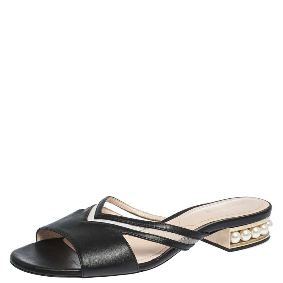 Women'S Shoes * | Nicholas Kirkwood Mesh And Leather Pearl Embellished Flat Slides Size 41 For Women Black