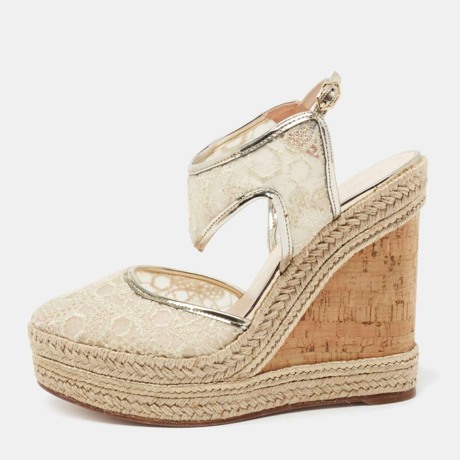 Women'S Shoes * | Nicholas Kirkwood Light Lace Espadrille Platform Wedge Slingback Pumps Size 40 For Women Gold