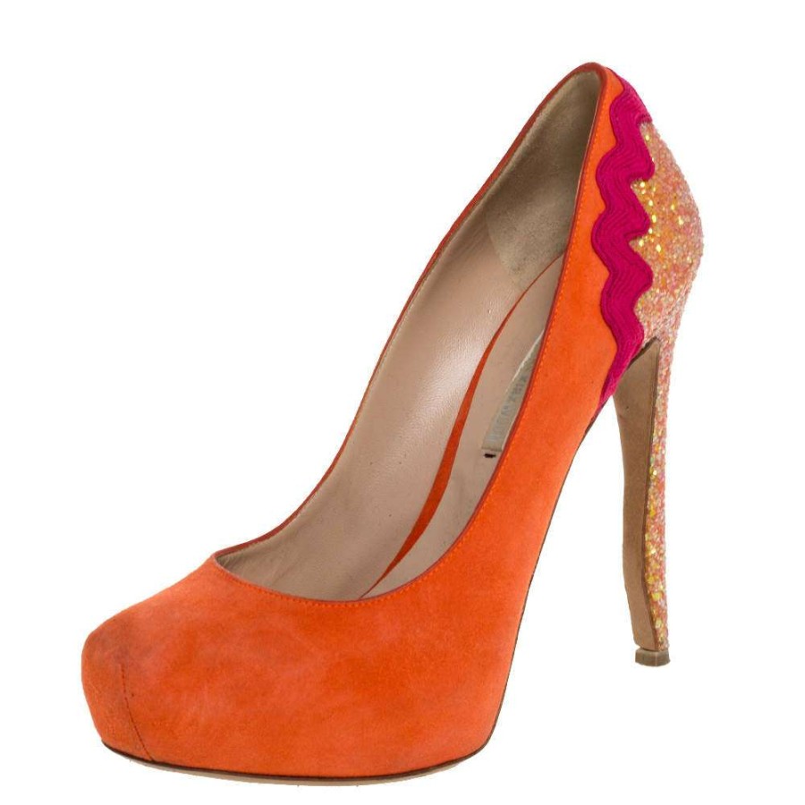 Women'S Shoes * | Nicholas Kirkwood Suede And Coarse Glitter Heel Platform Pumps Size 38 For Women Orange