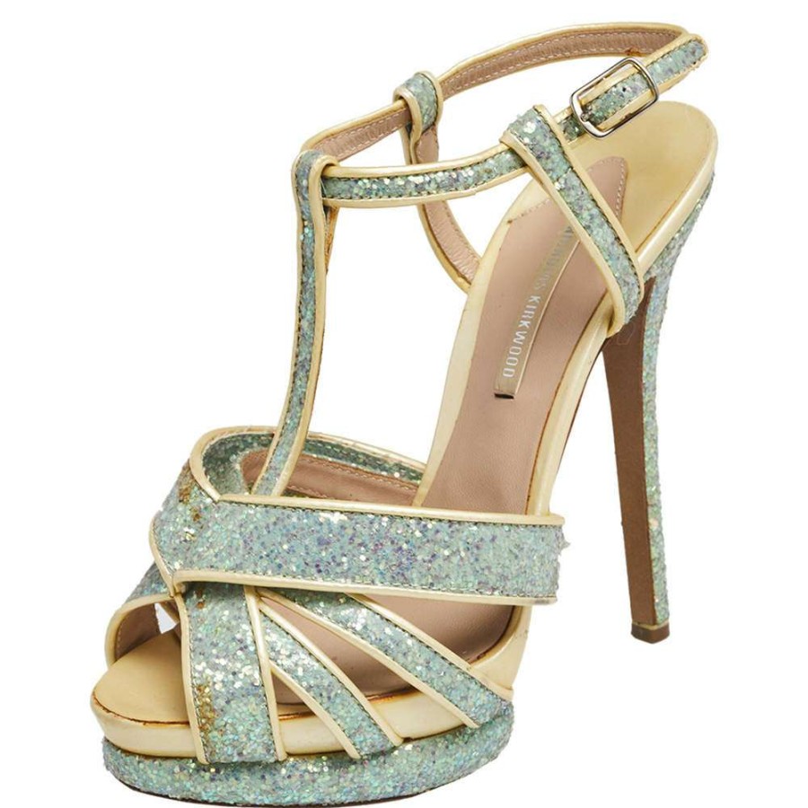 Women'S Shoes * | Nicholas Kirkwood /Cream Patent Leather And Glitter T Strap Platform Sandals Size 37.5 For Women Blue