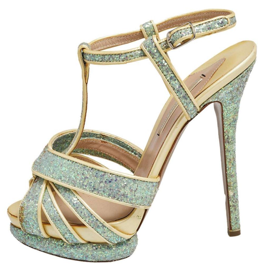 Women'S Shoes * | Nicholas Kirkwood /Cream Patent Leather And Glitter T Strap Platform Sandals Size 37.5 For Women Blue