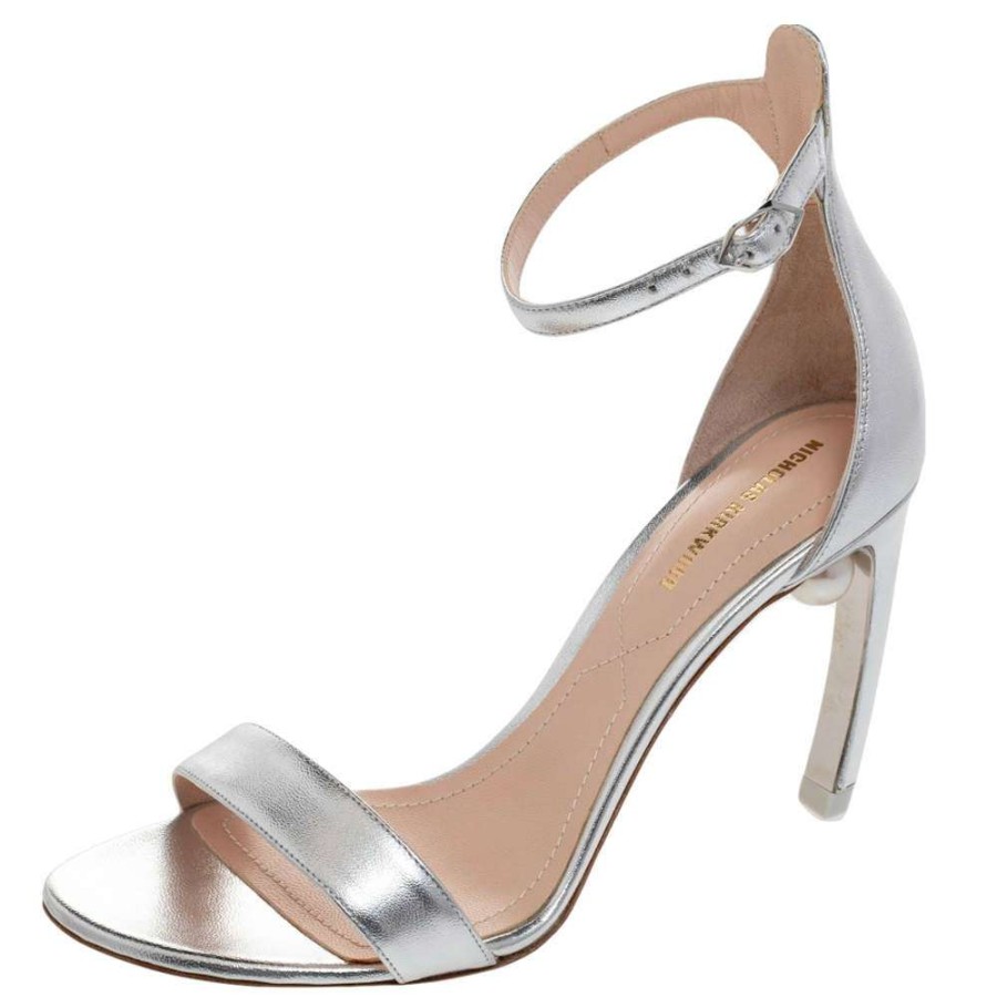 Women'S Shoes * | Nicholas Kirkwood Leather Mira Pearl Embellished Ankle Strap Sandals Size 37 For Women Silver