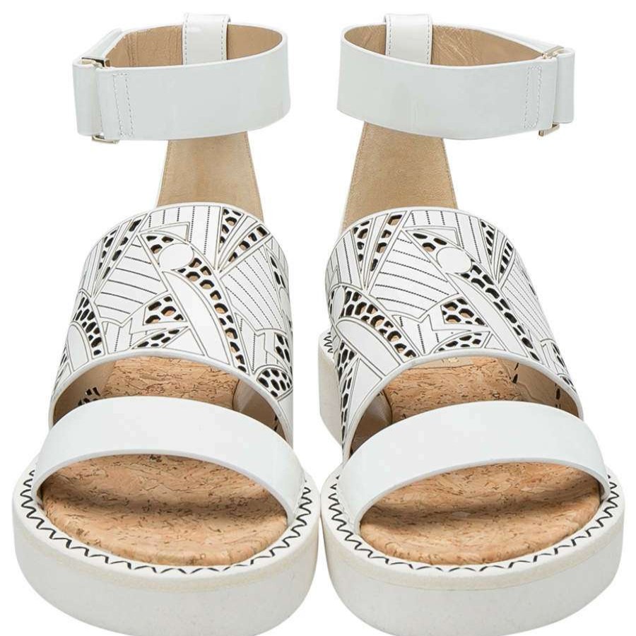 Women'S Shoes * | Nicholas Kirkwood Laser-Cut Leather Peter Pilotto Ankle Strap Flat Sandals Size 37.5 For Women White