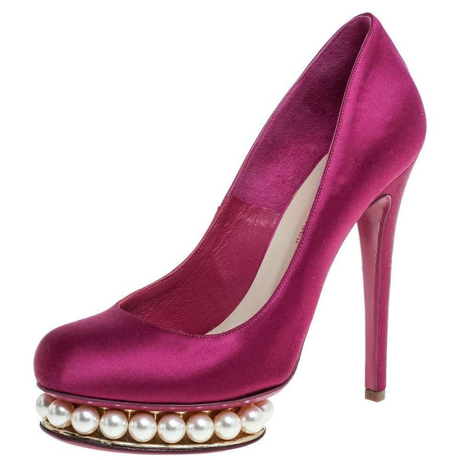 Women'S Shoes * | Nicholas Kirkwood Fuchsia Satin Faux Pearl Embellished Platform Pumps Size 36 For Women Pink