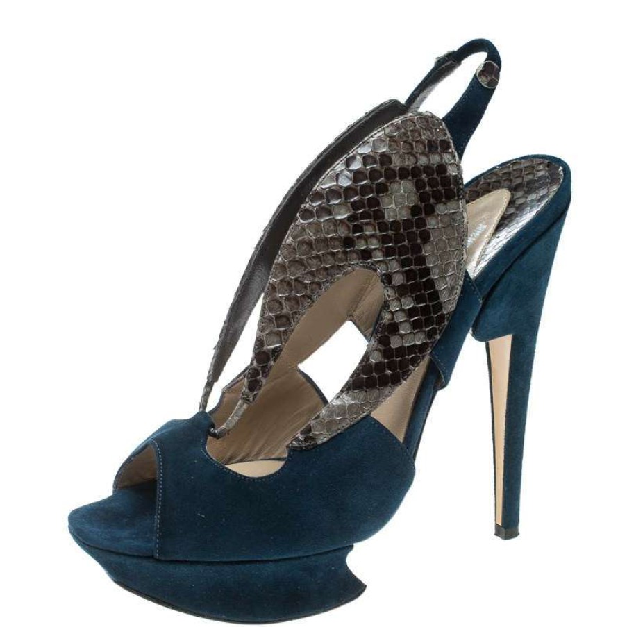 Women'S Shoes * | Nicholas Kirkwood Multicolor Suede And Python Platform Slingback Sandals Size 37 For Women Blue