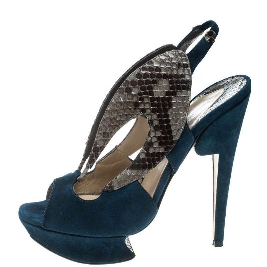 Women'S Shoes * | Nicholas Kirkwood Multicolor Suede And Python Platform Slingback Sandals Size 37 For Women Blue