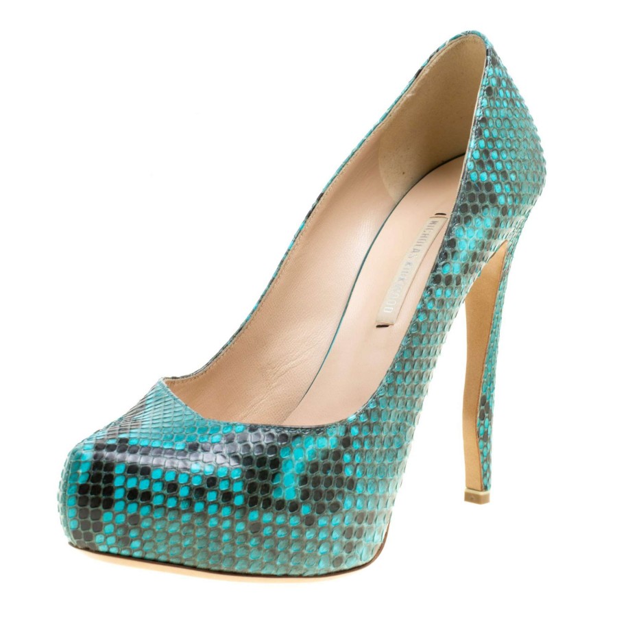 Women'S Shoes * | Nicholas Kirkwood Two Tone Python Leather Platform Pumps Size 38 For Women Blue