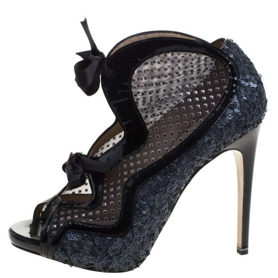 Women'S Shoes * | Nicholas Kirkwood Two Tone Sequined And Mesh Peep Toe Booties Size 37 For Women Blue