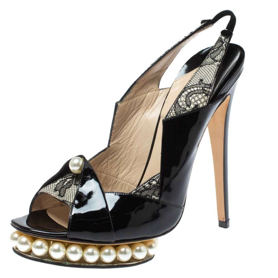 Women'S Shoes * | Nicholas Kirkwood Patent Leather And Lace Pearl Platform Slingback Sandals Size 40 For Women Black