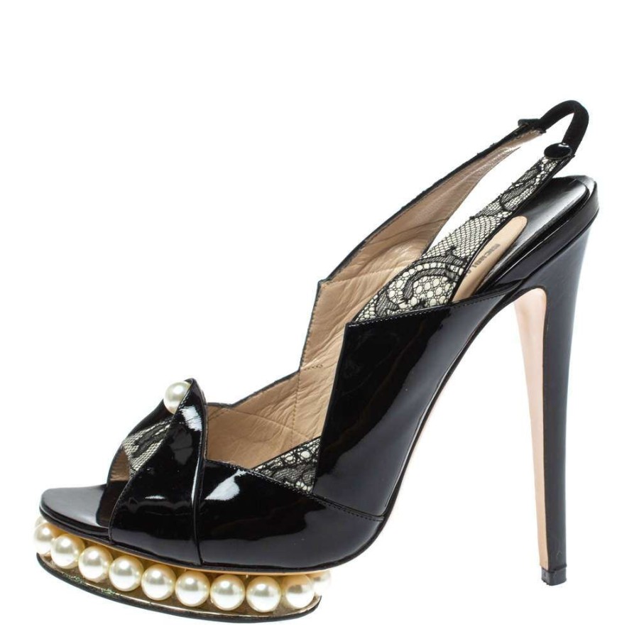 Women'S Shoes * | Nicholas Kirkwood Patent Leather And Lace Pearl Platform Slingback Sandals Size 40 For Women Black