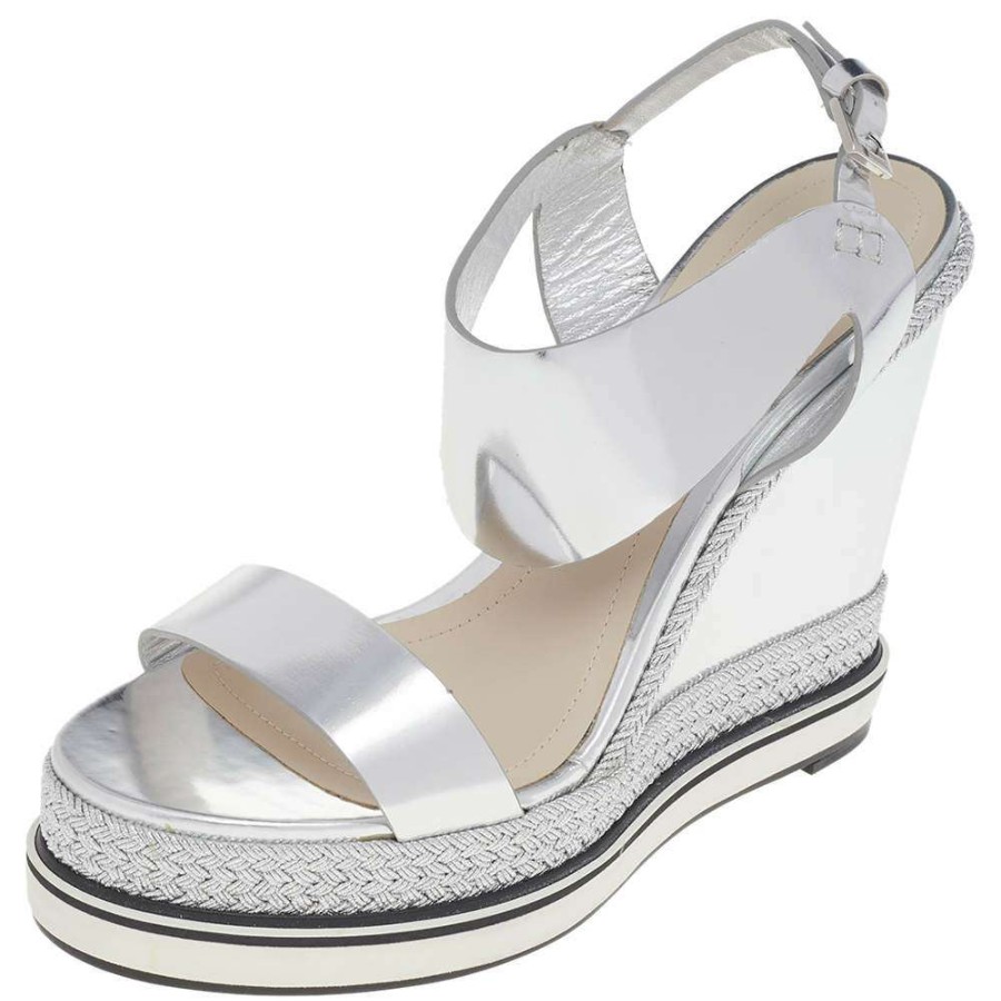 Women'S Shoes * | Nicholas Kirkwood Metallic Foil Leather Wedge Espadrille Ankle Strap Sandals Size 37.5 For Women Silver