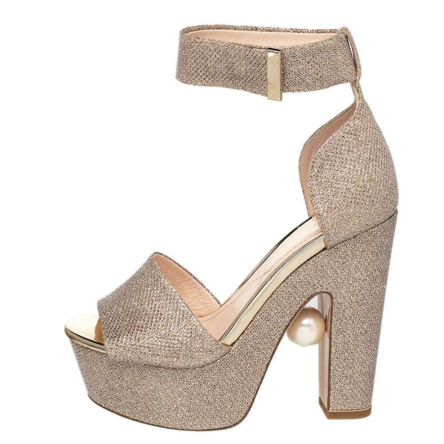 Women'S Shoes * | Nicholas Kirkwood Lurex Fabric And Glitter Platform Ankle Strap Sandals Size 36 For Women Gold