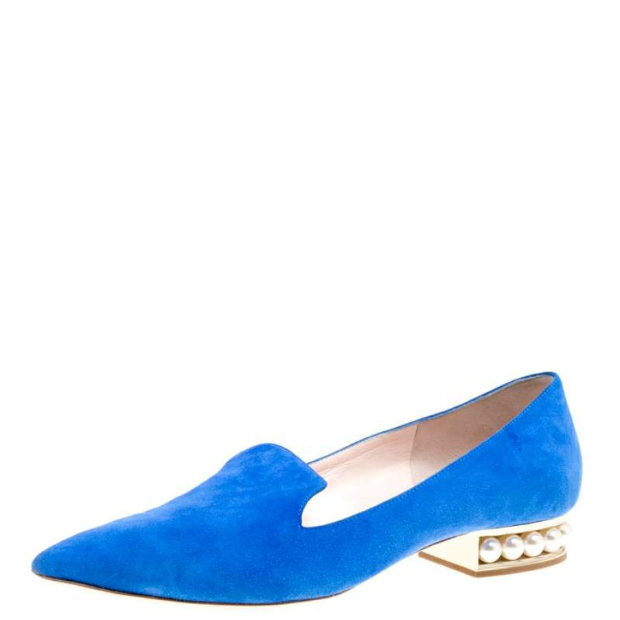 Women'S Shoes * | Nicholas Kirkwood Suede Casati Faux Pearl Heel Pointed Toe Loafers Size 39 For Women Blue