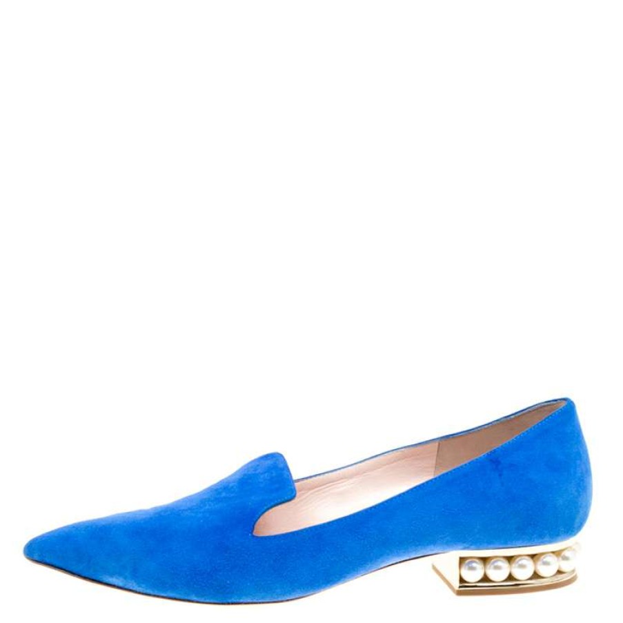 Women'S Shoes * | Nicholas Kirkwood Suede Casati Faux Pearl Heel Pointed Toe Loafers Size 39 For Women Blue