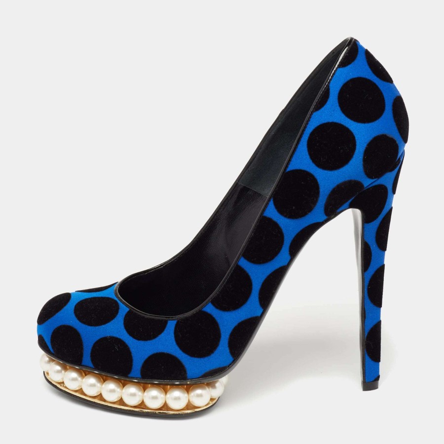 Women'S Shoes * | Nicholas Kirkwood Blue/ Polka Dot Casati Faux Pearl Platform Pumps Size 39 For Women Black