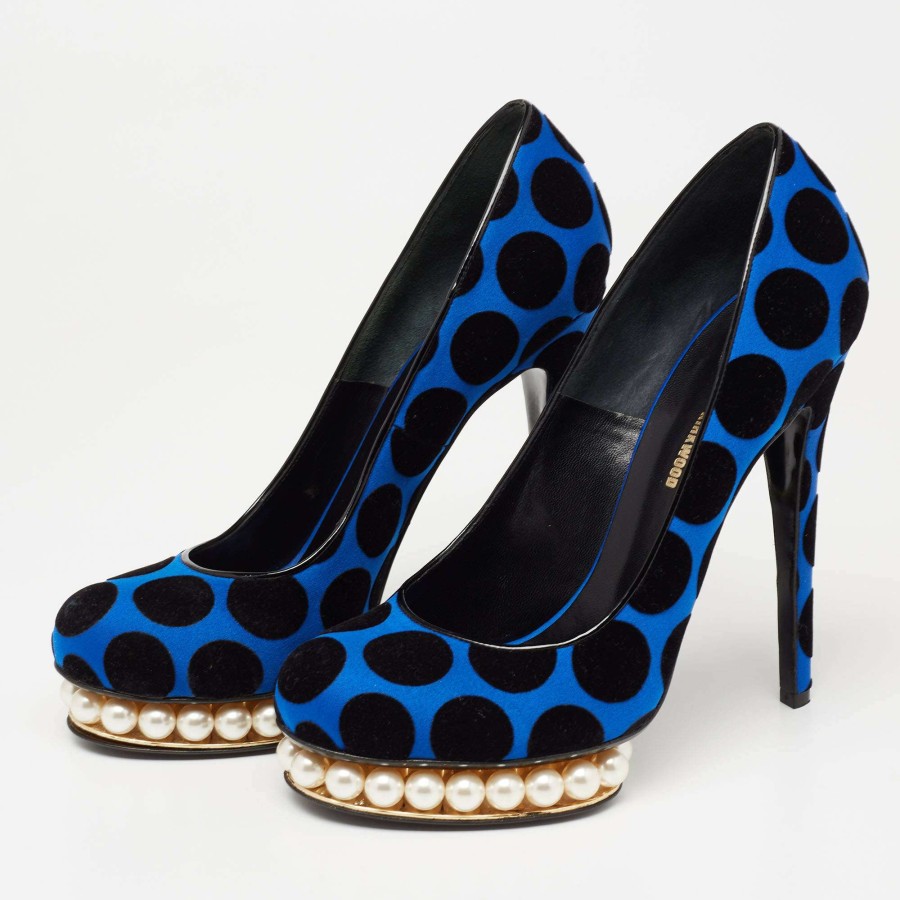 Women'S Shoes * | Nicholas Kirkwood Blue/ Polka Dot Casati Faux Pearl Platform Pumps Size 39 For Women Black