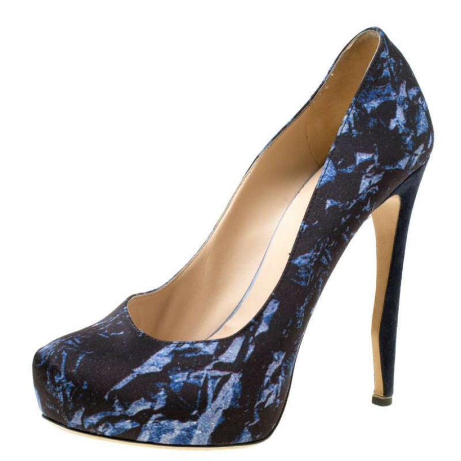 Women'S Shoes * | Nicholas Kirkwood /Blue Printed Satin Platform Pumps Size 38.5 For Women Black