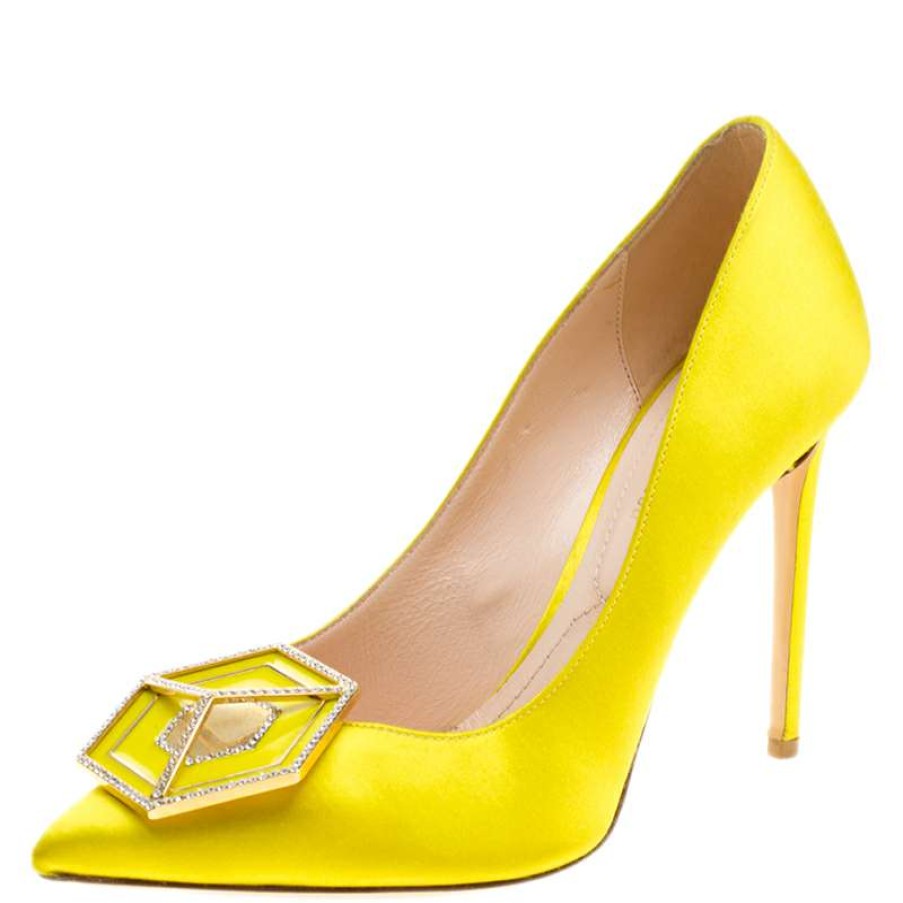 Women'S Shoes * | Nicholas Kirkwood Canary Satin Eden Jeweled Pointed Toe Pumps Size 37.5 For Women Yellow