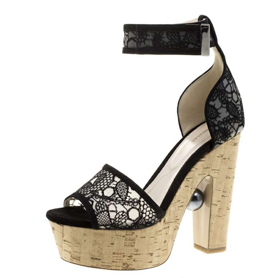 Women'S Shoes * | Nicholas Kirkwood Lace Maya Pearl Platform Ankle Strap Sandals Size 37.5 For Women Black