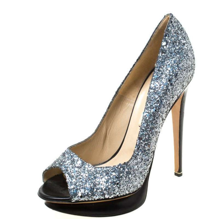 Women'S Shoes * | Nicholas Kirkwood /Black Glitter Leather Double Platform Peep Toe Pumps Size 38 For Women Silver