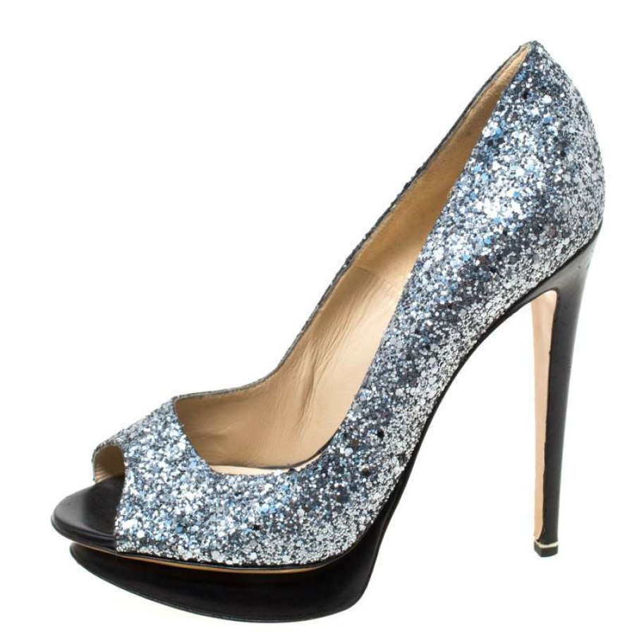 Women'S Shoes * | Nicholas Kirkwood /Black Glitter Leather Double Platform Peep Toe Pumps Size 38 For Women Silver